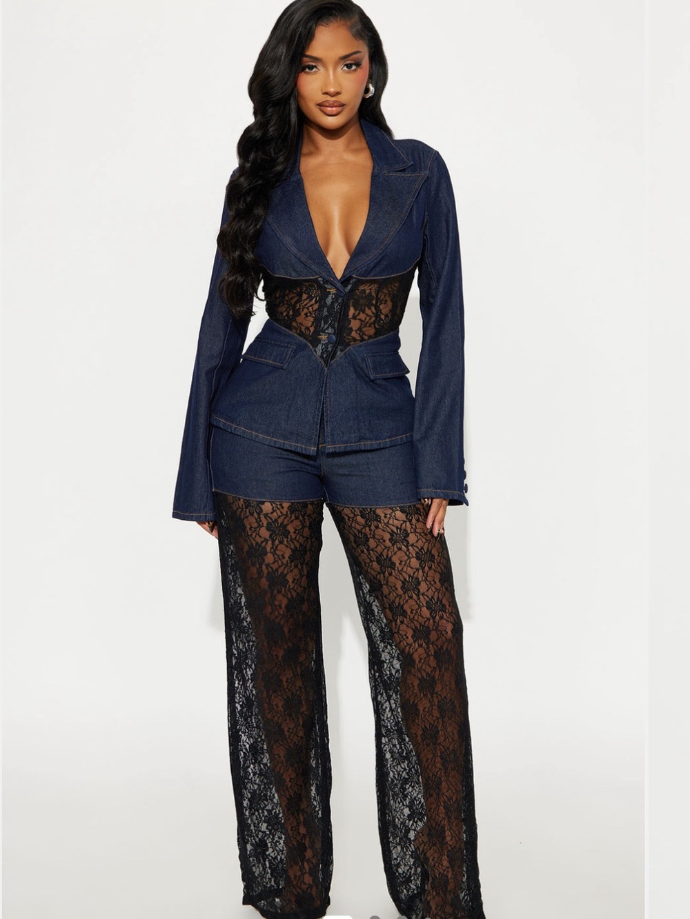 Denim Lace Corset Blazer Jumpsuit - Navy Blue